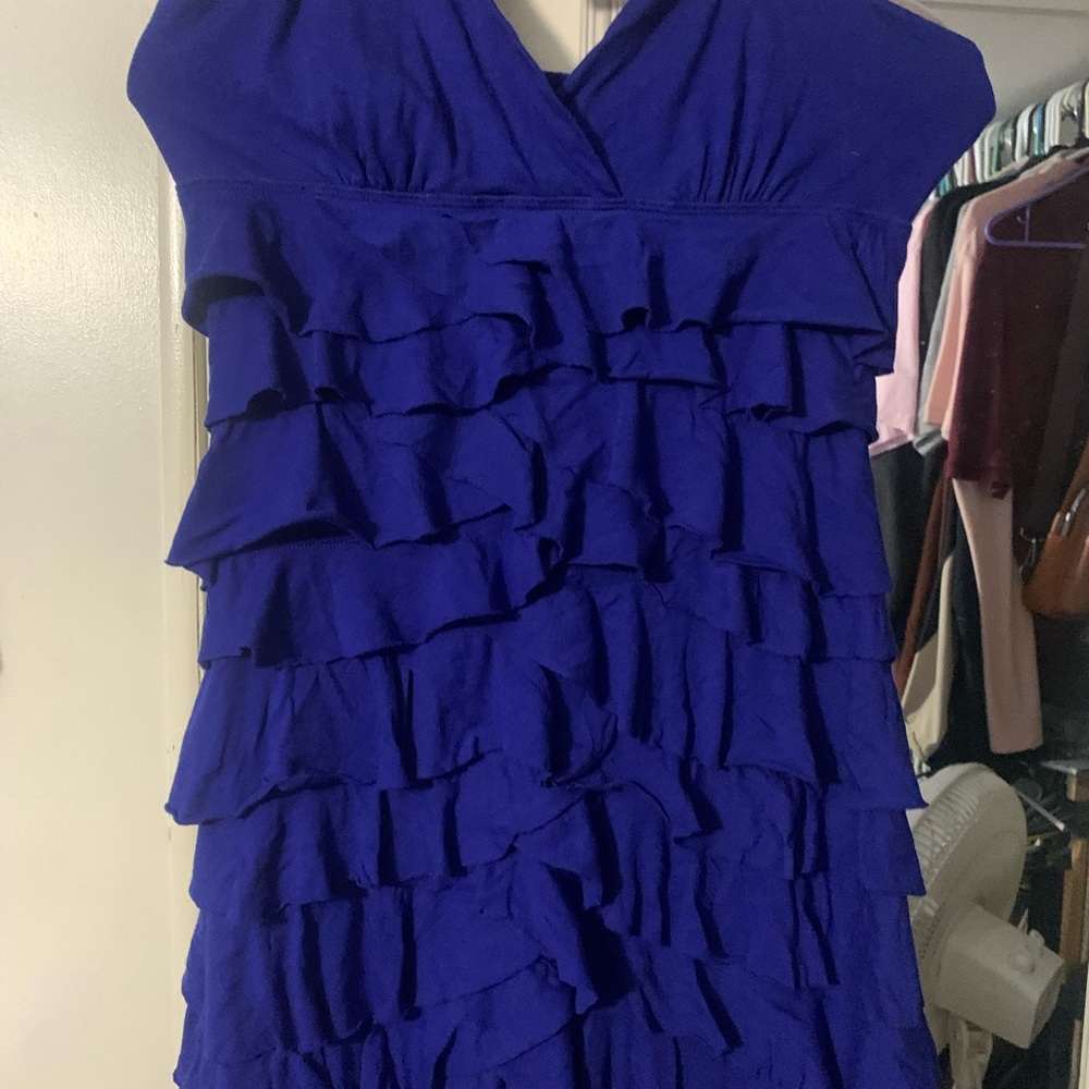 Ruffled Blue Dress woman SZ Small arm to arm 15 inch